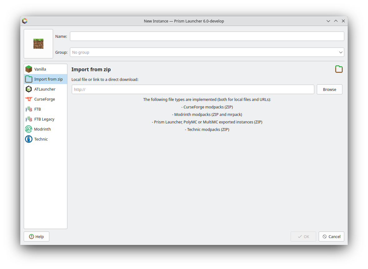 Import from zip tab under PrismLauncher New Instances